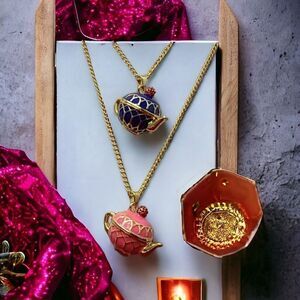 Tea Time Hand Painted Ornate Teapot Pendant Gold Necklace Boho Chic Jewelry